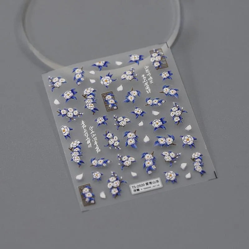 Elegant 5D Chinoiserie Nail Stickers Blue & White Porcelain Floral Nail Art Sticker Decals TS2920 embossed