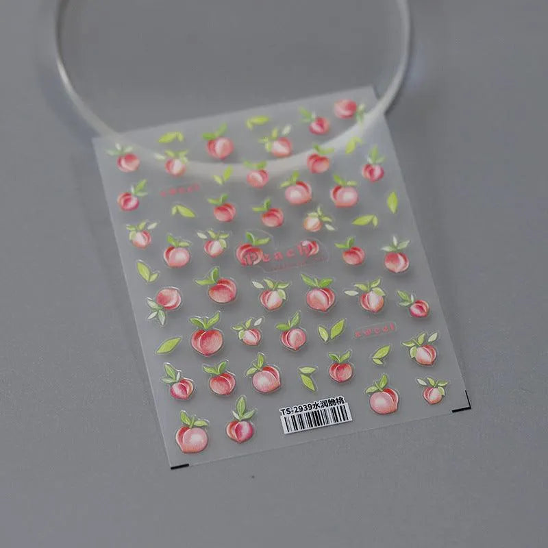 Cute 5D Embossed Peach Nail Stickers Sweet Summer Fruit Nail Art Decals TS2939