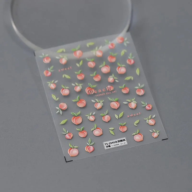 Cute 5D Embossed Peach Nail Stickers Sweet Summer Fruit Nail Art Decals TS2940 embossed