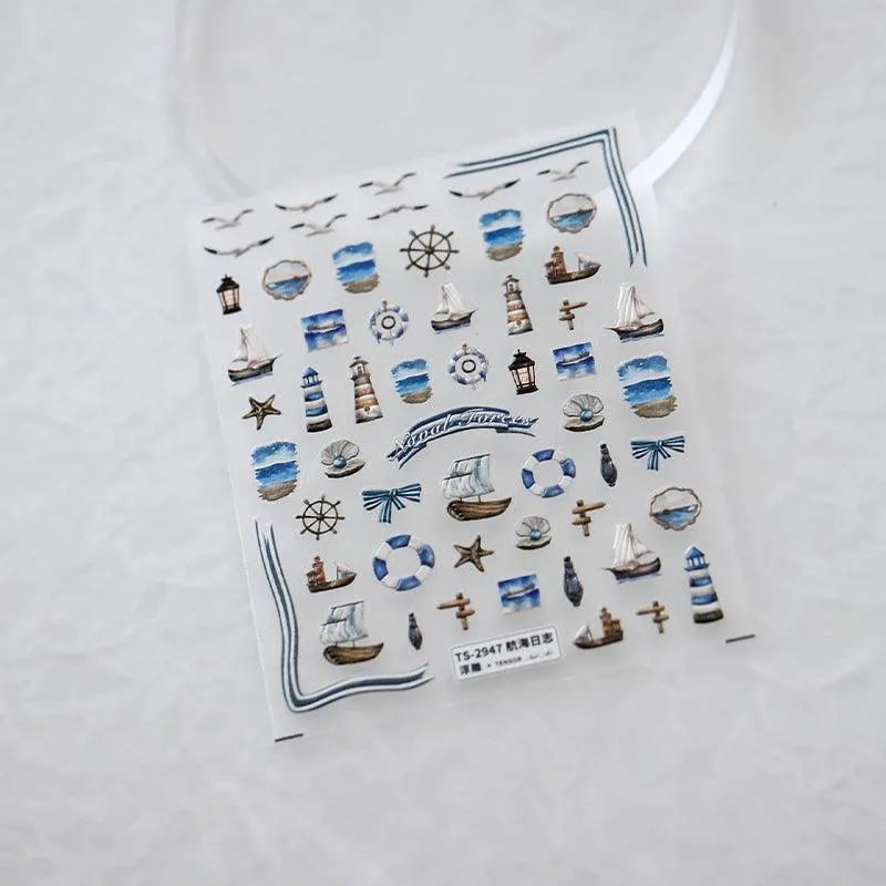 Nautical Nail Art Stickers Ship Anchor Beacon Design Adhesive Sticker Decals TS2947 embossed