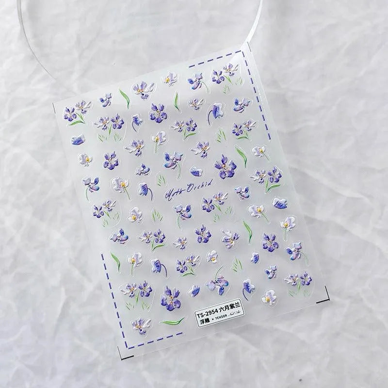 Violets Nail Art Stickers 3D Adhesive Sliders Gillyflower Sticker Decals TS2954 embossed