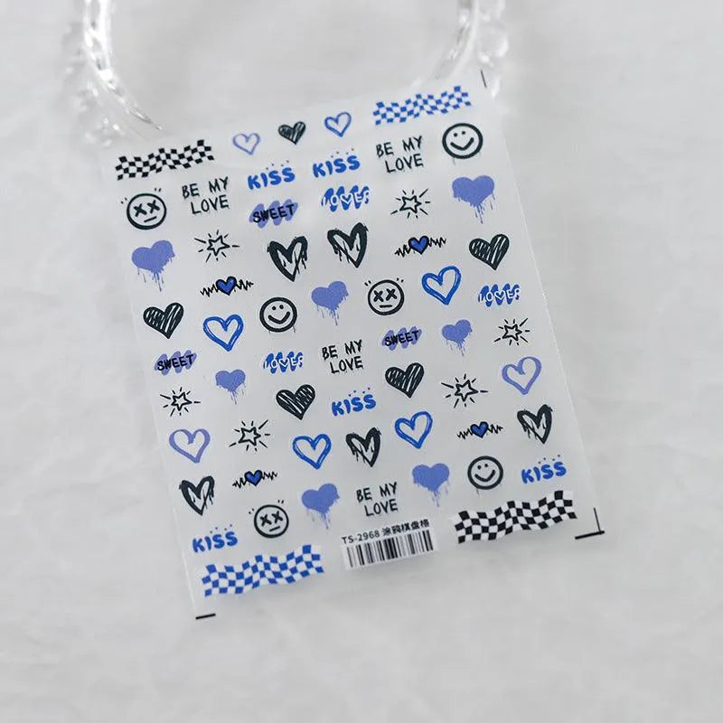 5D Graffiti Nail Stickers Y2K Edgy Heart & Smiley Nail Art Decals TS2968