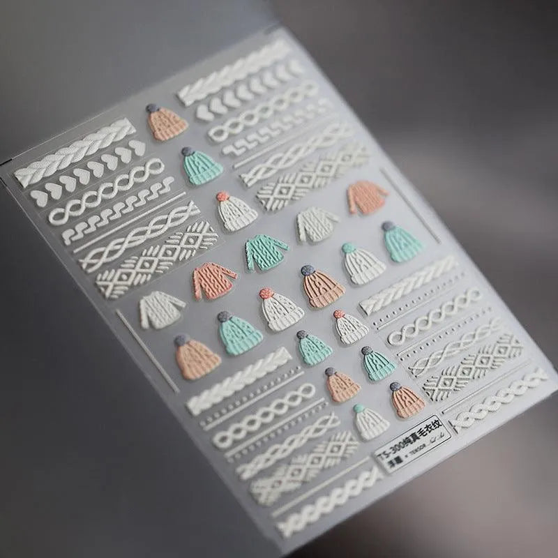 Elegant Sweater Pattern Nail Art Stickers Knitted Sweaters Embossed Adhesive Sticker Decals TS300 embossed