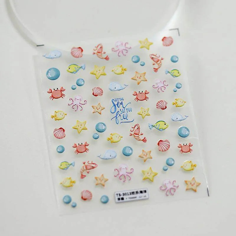 Cartoon Starfish Nail Art Stickers Adhesive Sliders Fish Crab Jellyfish Embossed Sticker Decals TS3013 embossed