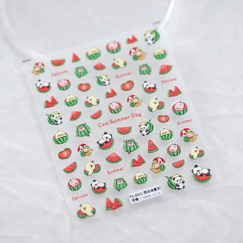 Cartoon Panda Nail Art Stickers Adhesive Slider Summer Watermelon Fruit Sticker Decals TS3021 embossed
