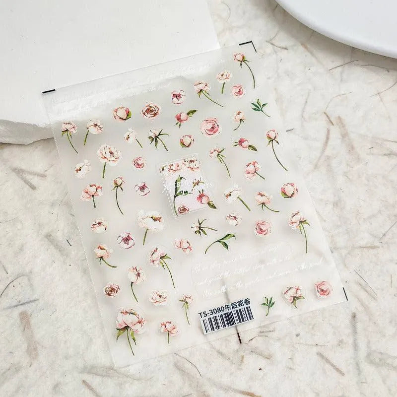 5D Pink Flowers Nail Art Stickers Floral Adhesive Slider Sticker Decals TS3080