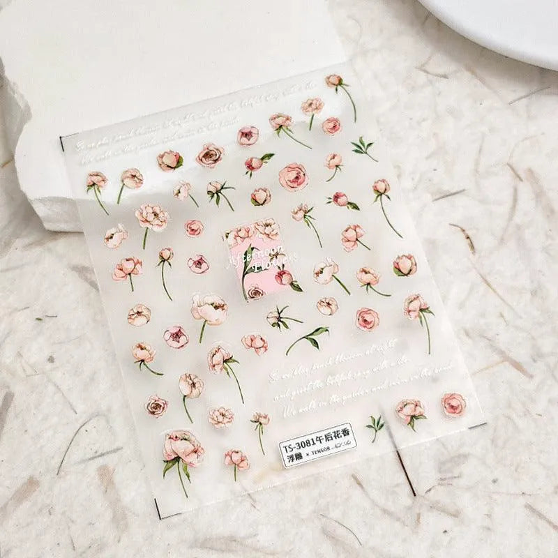 5D Pink Flowers Nail Art Stickers Floral Adhesive Slider Sticker Decals TS3081 embossed