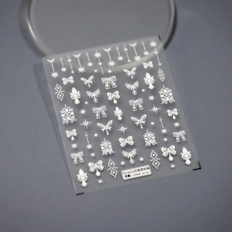 Baroque Pearls Nail Art Stickers Adhesive Sliders White Pendant Bow Embossed Sticker Decals TS3211 embossed