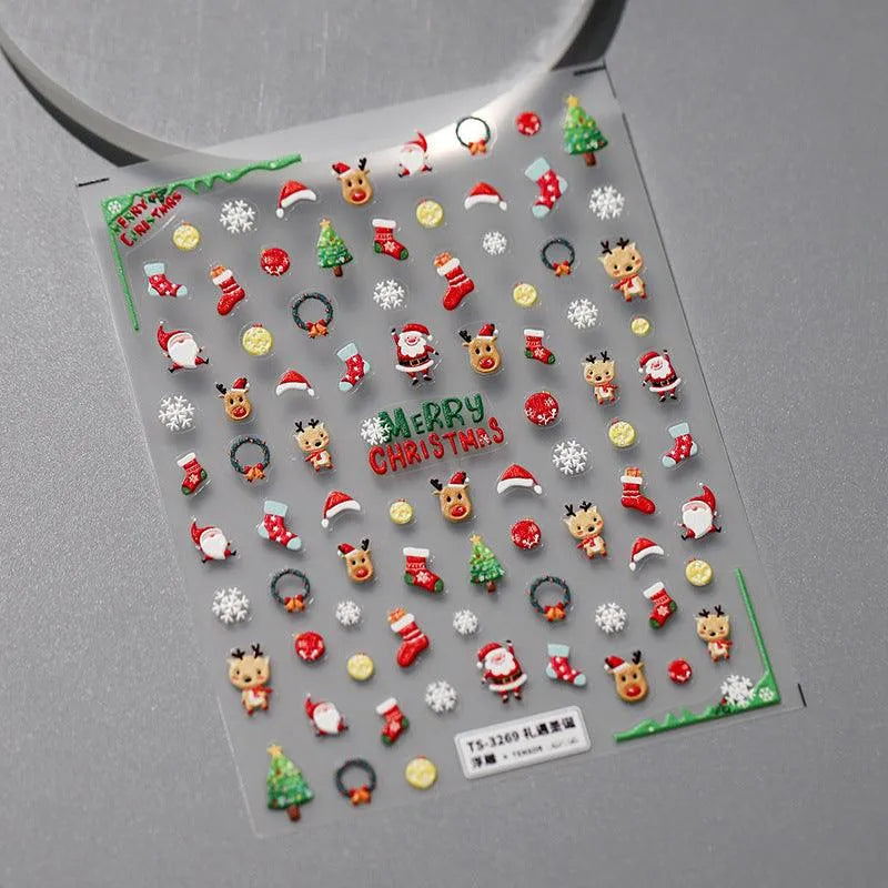 Christmas Nail Art Stickers Xmas Tree Santa Claus Adhesive Sticker Decals TS3269 embossed