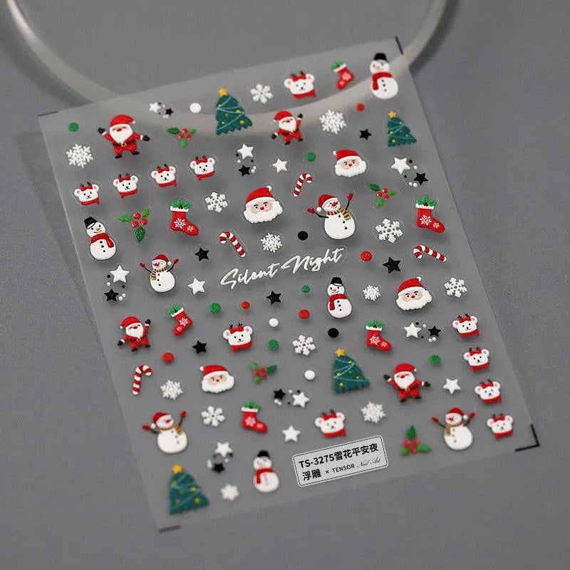 Christmas Nail Art Stickers Xmas Tree Santa Claus Adhesive Sticker Decals TS3275 embossed
