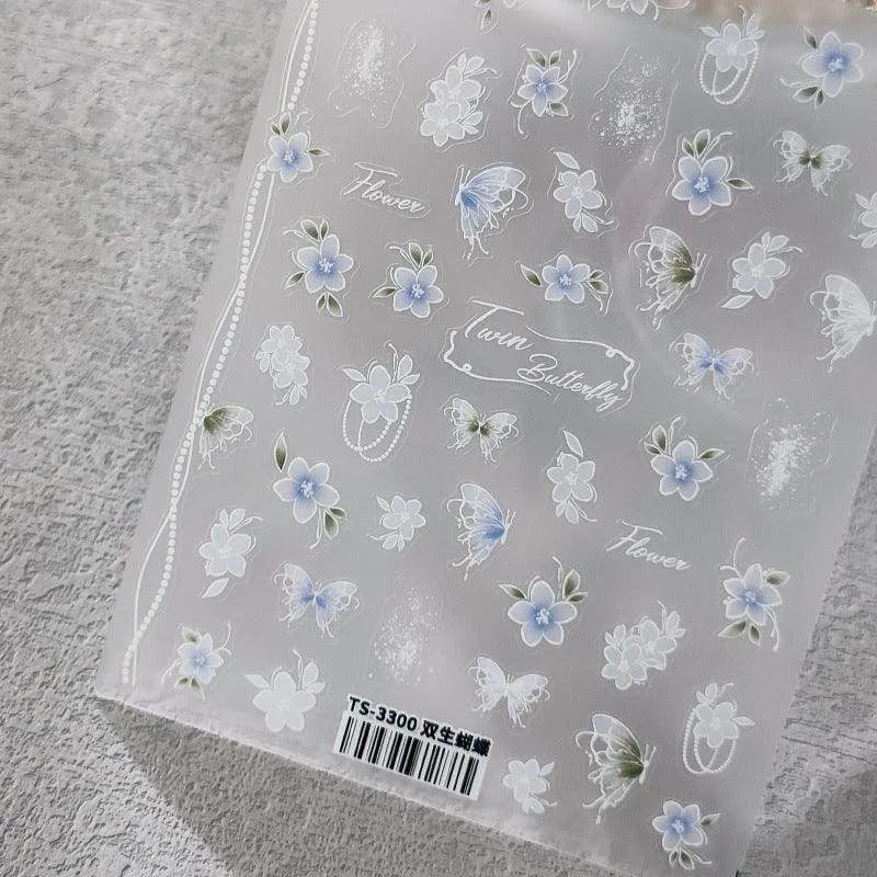 Floral Butterfly Nail Art Stickers 5D Flowers Beads Adhesive Slider Sticker Decals TS3300