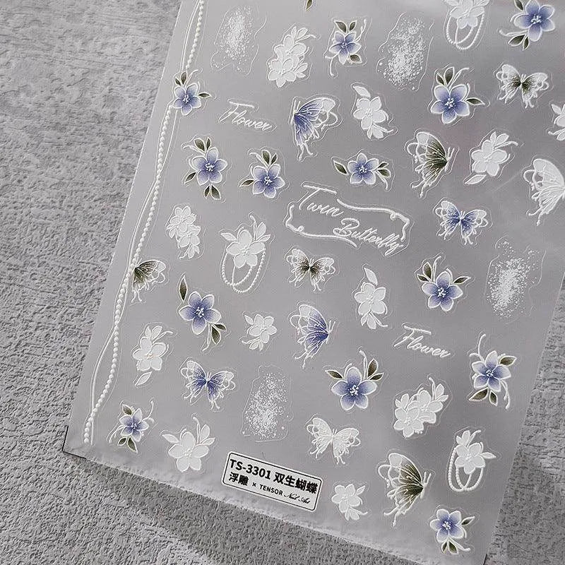Floral Butterfly Nail Art Stickers 5D Flowers Beads Adhesive Slider Sticker Decals TS3301 embossed