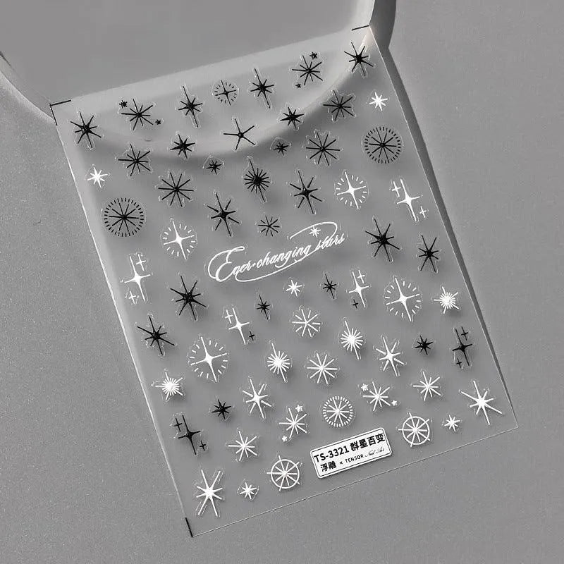 White Cross Star Nail Art Stickers Adhesive Sliders Black Stars Sticker Decals TS3321 embossed