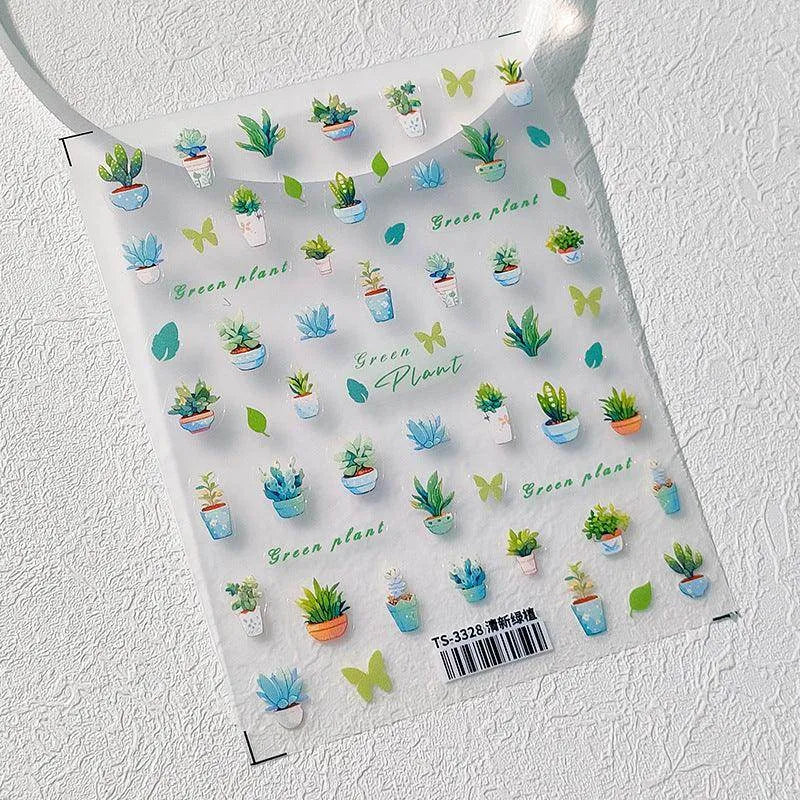 Cactus Nail Art Stickers Adhesive Slider Green Plant Leaf Sticker Decals TS3328