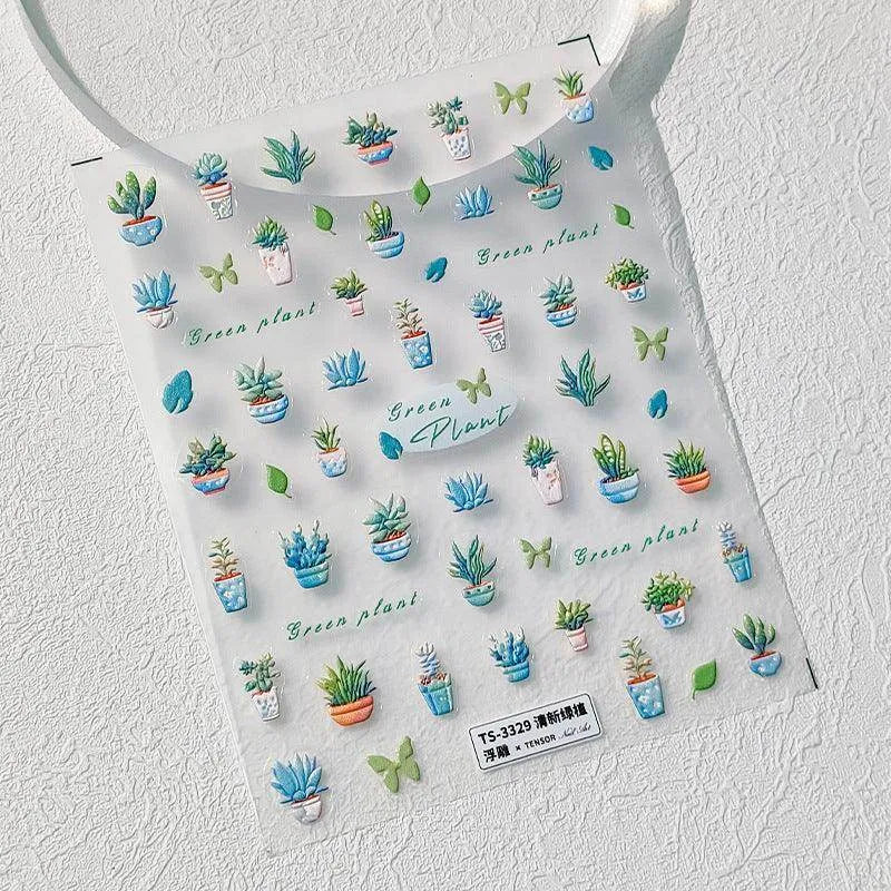Cactus Nail Art Stickers Adhesive Slider Green Plant Leaf Sticker Decals TS3329 embossed