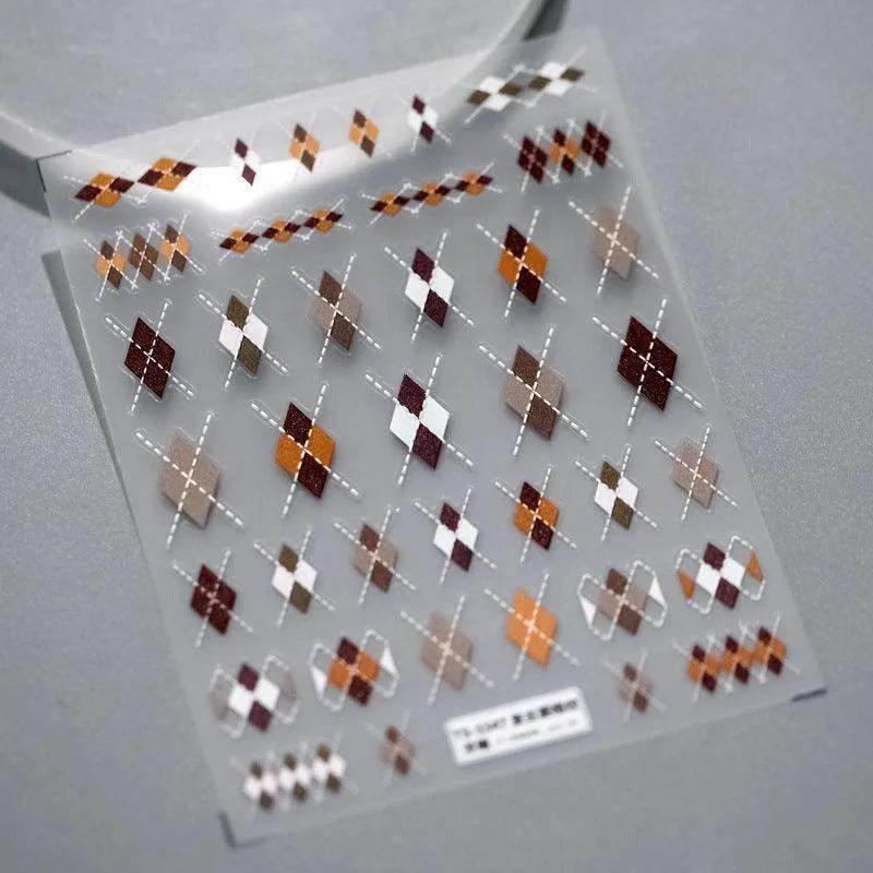 Vintage Grid Nail Art Sticker 5D Embossed Checked Print Sticker Decals TS3347 embossed