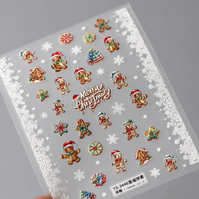Christmas Gingerbread Man Nail Art Stickers Xmas Tree Adhesive Embossed Sticker Decals TS3446 embossed
