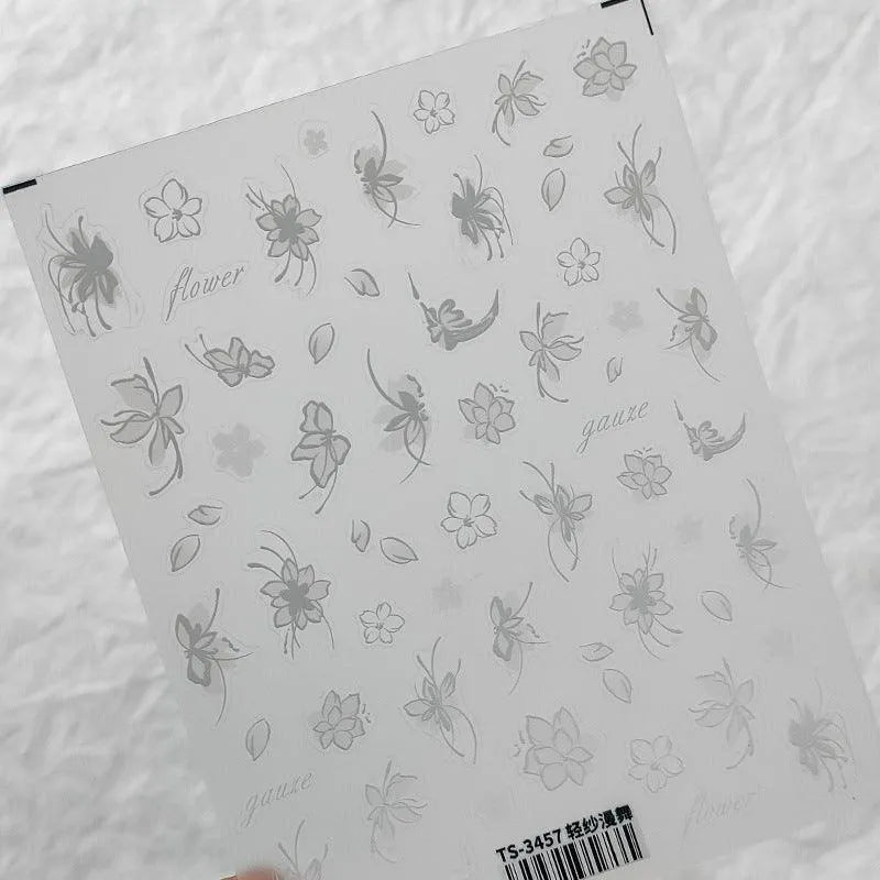 5D Flower With Pearl Nail Art Stickers White Floral Leaf Adhesive Slider Sticker Decals TS3457