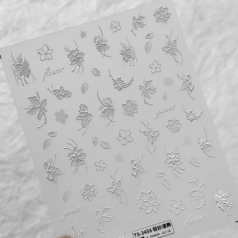 5D Flower With Pearl Nail Art Stickers White Floral Leaf Adhesive Slider Sticker Decals TS3458 embossed
