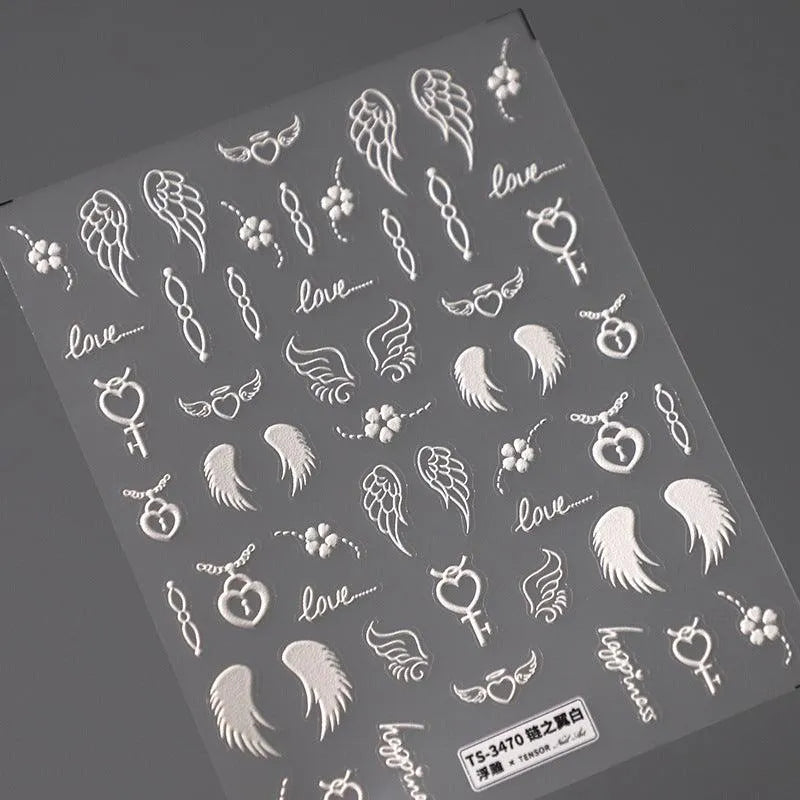 Nail Art Stickers Adhesive Slider White Wings Sticker Decals TS3470 embossed