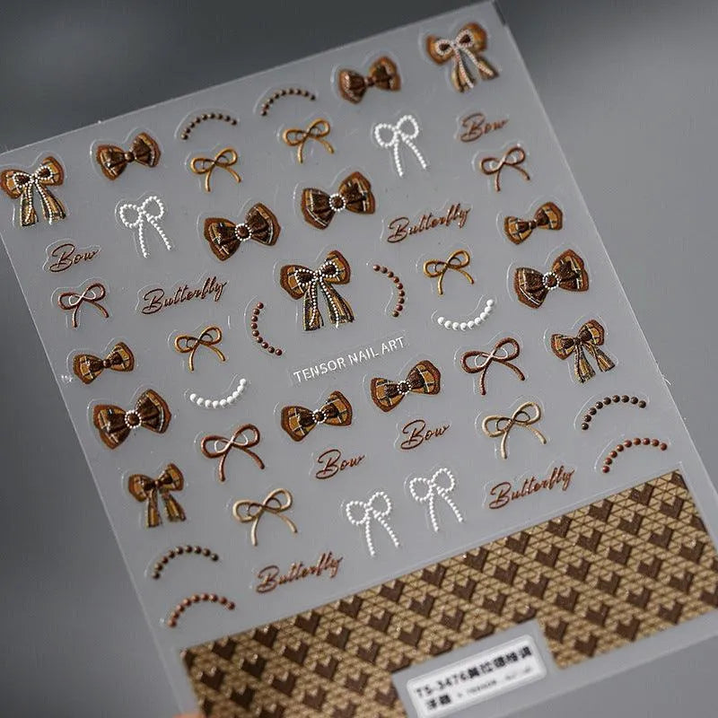 Bow Nail Art Stickers 5D Adhesive Slider Chocolate Bow Knot Sticker Decals TS3476 embossed