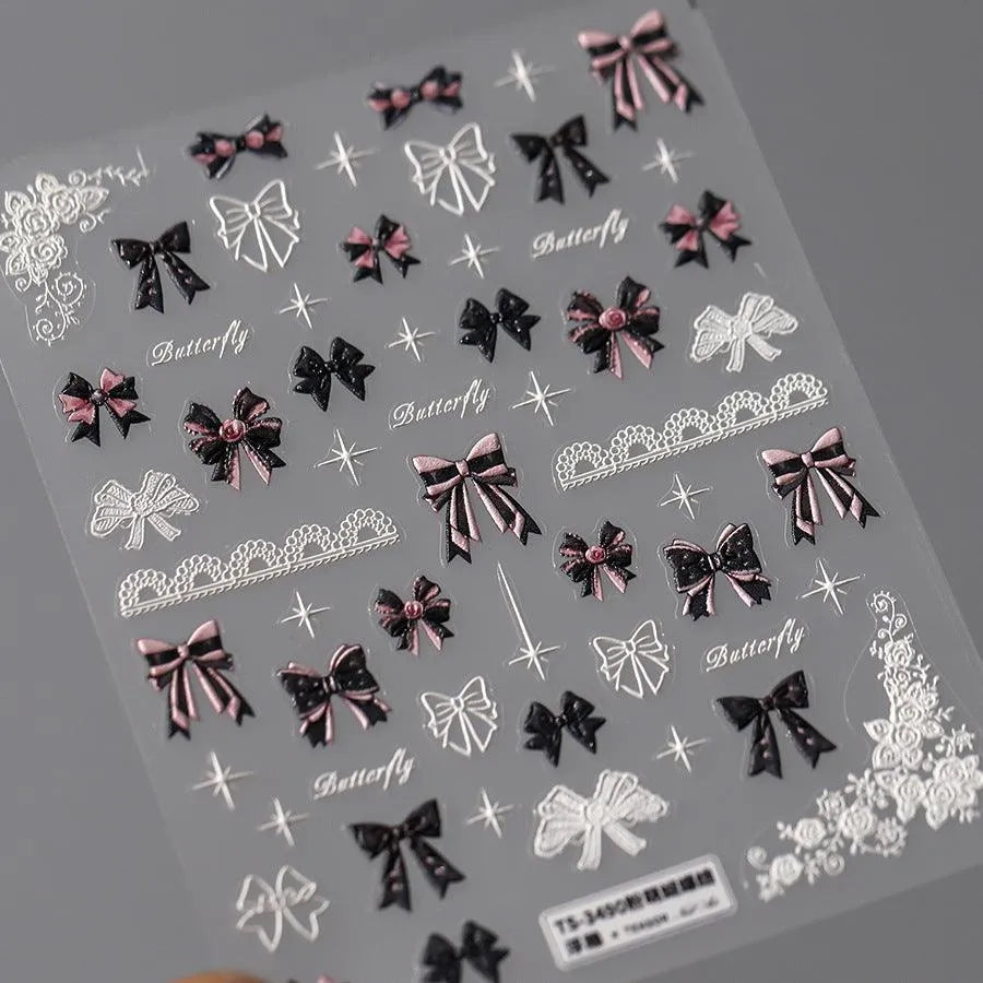 5D Embossed Bow Nail Stickers | Cute Pink & Black Balletcore Nail Art Decals TS3490 embossed