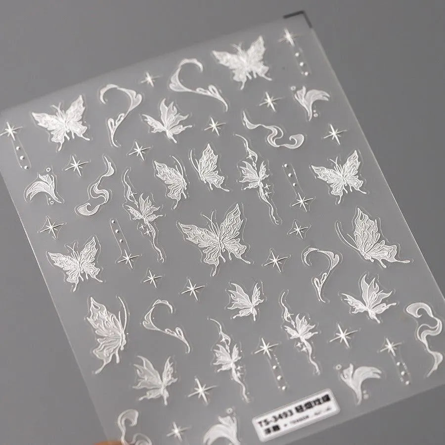 5D White Butterfly Nail Art Stickers Adhesive Butterfly Sticker Decals TS3493 embossed