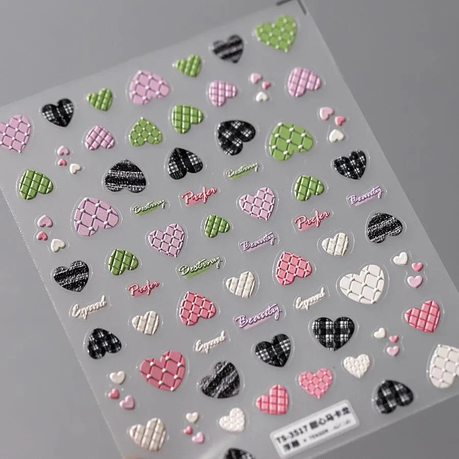 5D Plaid Heart Nail Stickers | Cute Pink & Green Y2K Preppy Nail Art Decals TS3517_embossed