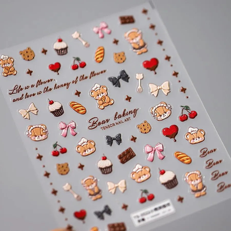 Cute Bear Nail Art Stickers Bakery Cookie Adhesive Slider Sticker Decals TS3522