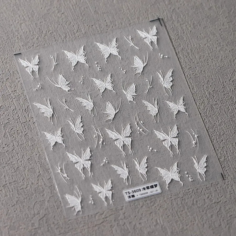 Butterfly Nail Stickers White Butterfly Wings 3D Adhesive Sticker Nail Decals TS3609 embossed