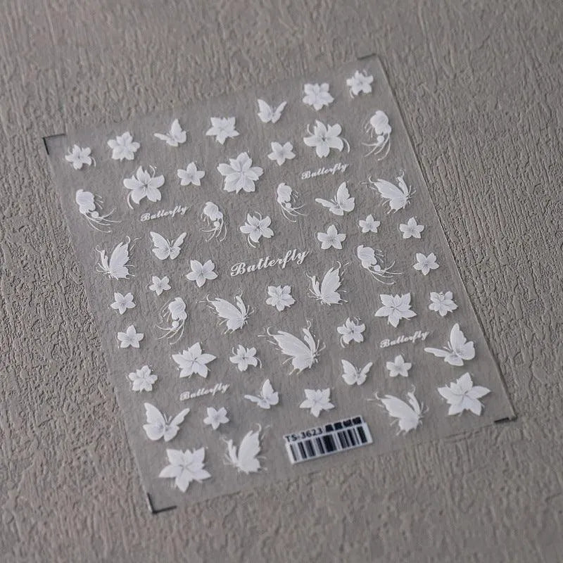 5D Flowers Nail Art Stickers White Butterfly Floral Adhesive Slider Sticker Decals TS3623