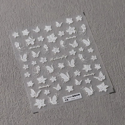 5D Flowers Nail Art Stickers White Butterfly Floral Adhesive Slider Sticker Decals TS3624_embossed