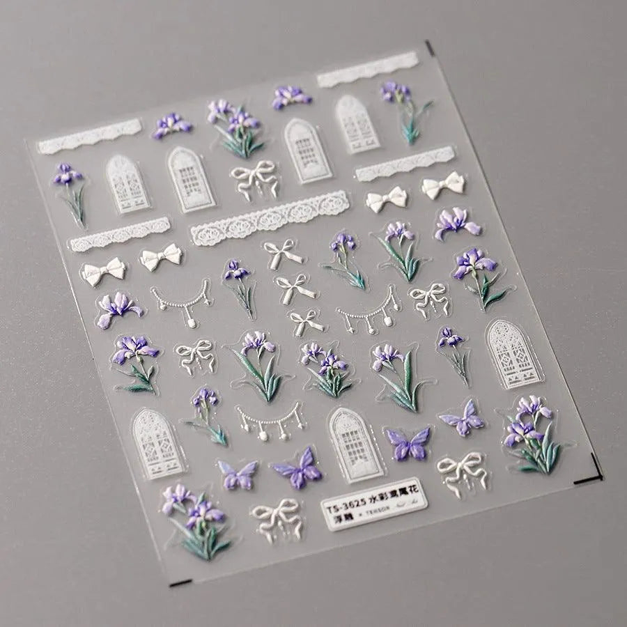 Purple Flower Nail Art Stickers Iris Flower Adhesive Slider Sticker Decals TS3625