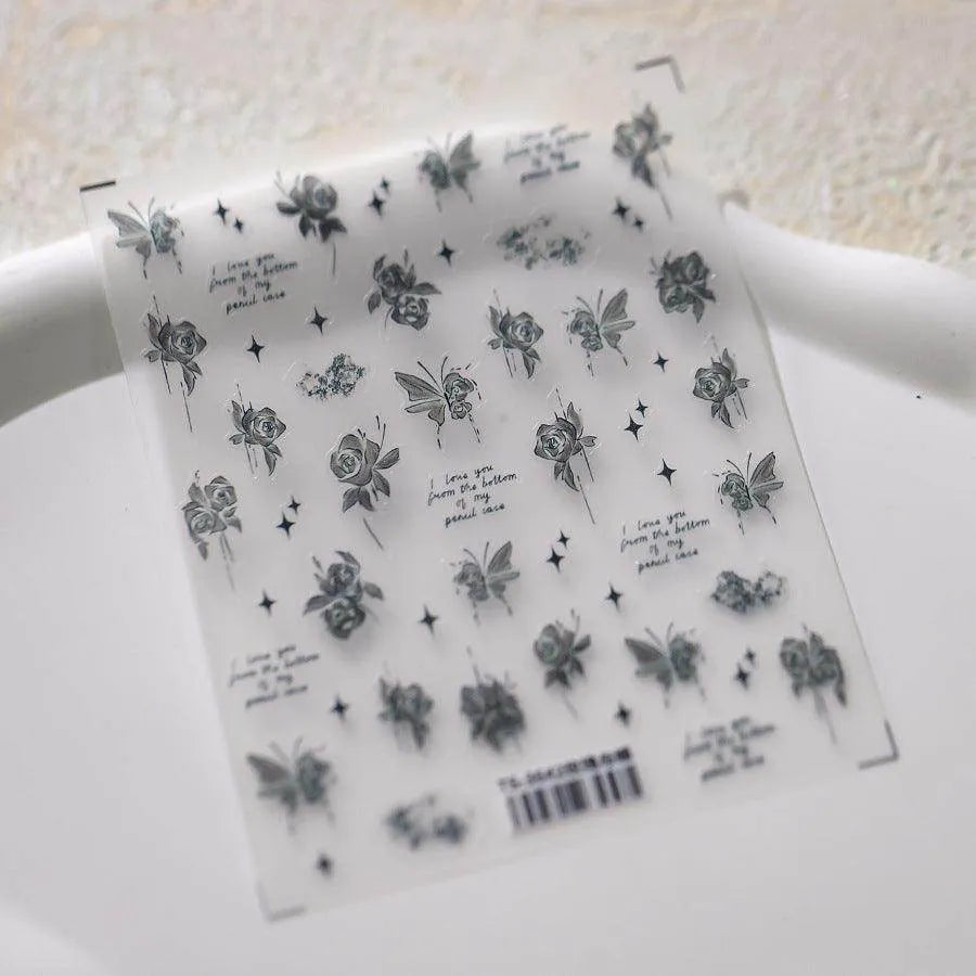 Black Rose Flower Nail Art Stickers Adhesive Slider Rose Butterfly Sticker Decals TS3642