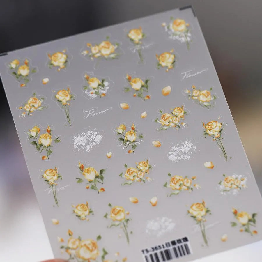Floral Nail Art Stickers Adhesive Slider Yellow Blue Rose Sticker Decals TS3651