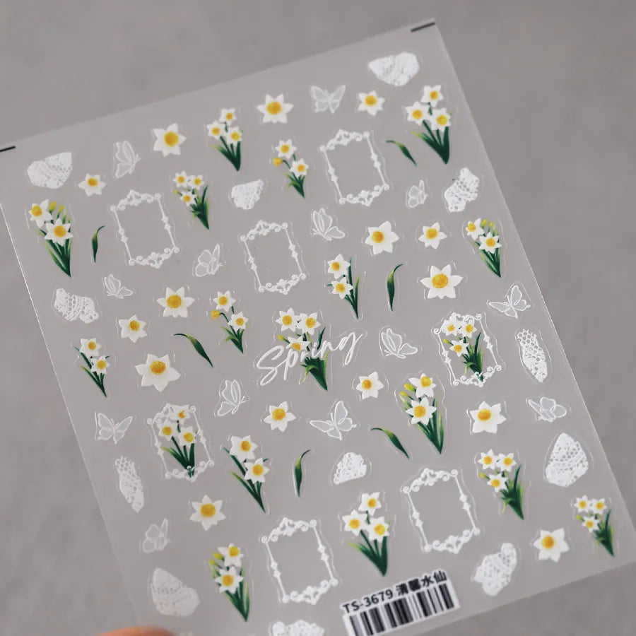 Plumeria Nail Art Stickers Lily Daffodils Flowers Adhesive Embossed Sticker Decals TS3679
