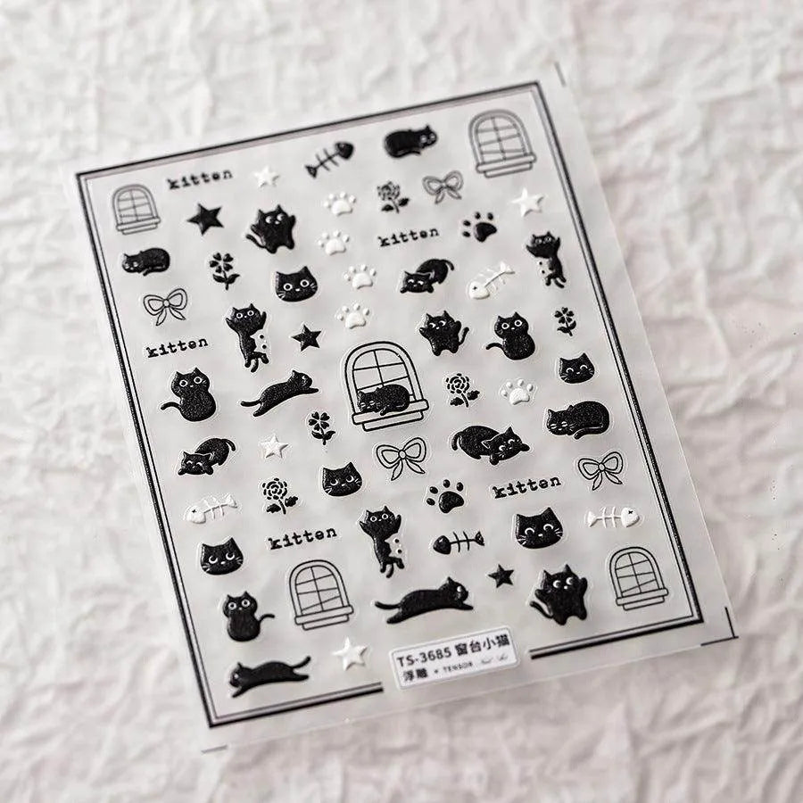 Adorable Kitten Nail Art Stickers Adhesive Embossed Black Cat Paw Sticker Decals Decoration TS3685 embossed
