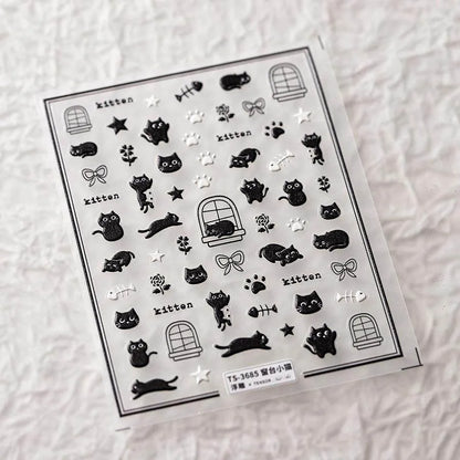 Adorable Kitten Nail Art Stickers Adhesive Embossed Black Cat Paw Sticker Decals Decoration TS3685 embossed