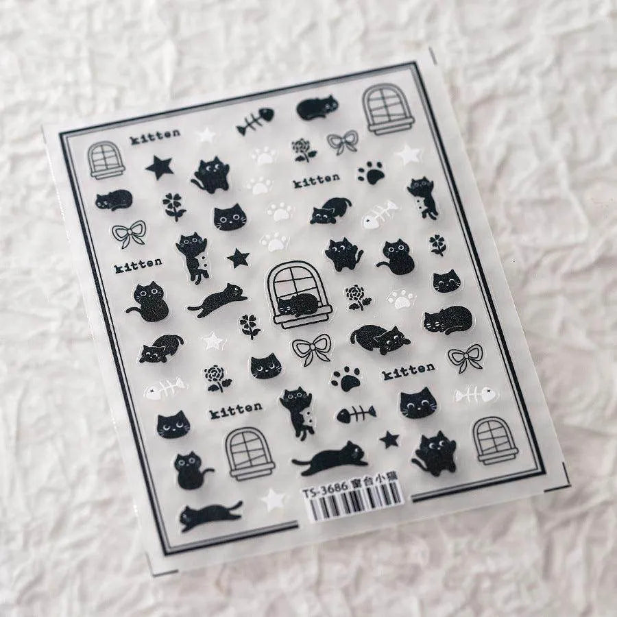 Adorable Kitten Nail Art Stickers Adhesive Embossed Black Cat Paw Sticker Decals Decoration TS3686