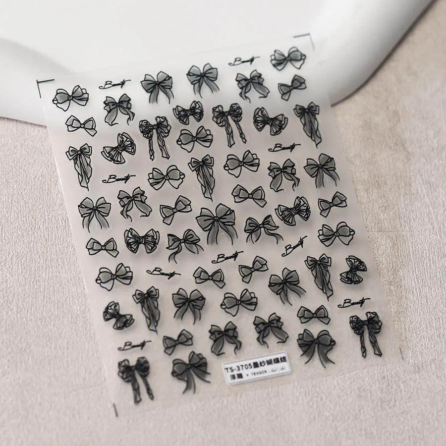Black White Bows Nail Art Stickers Adhesive Ribbon Bow Embossed Sticker Decals TS3705 embossed