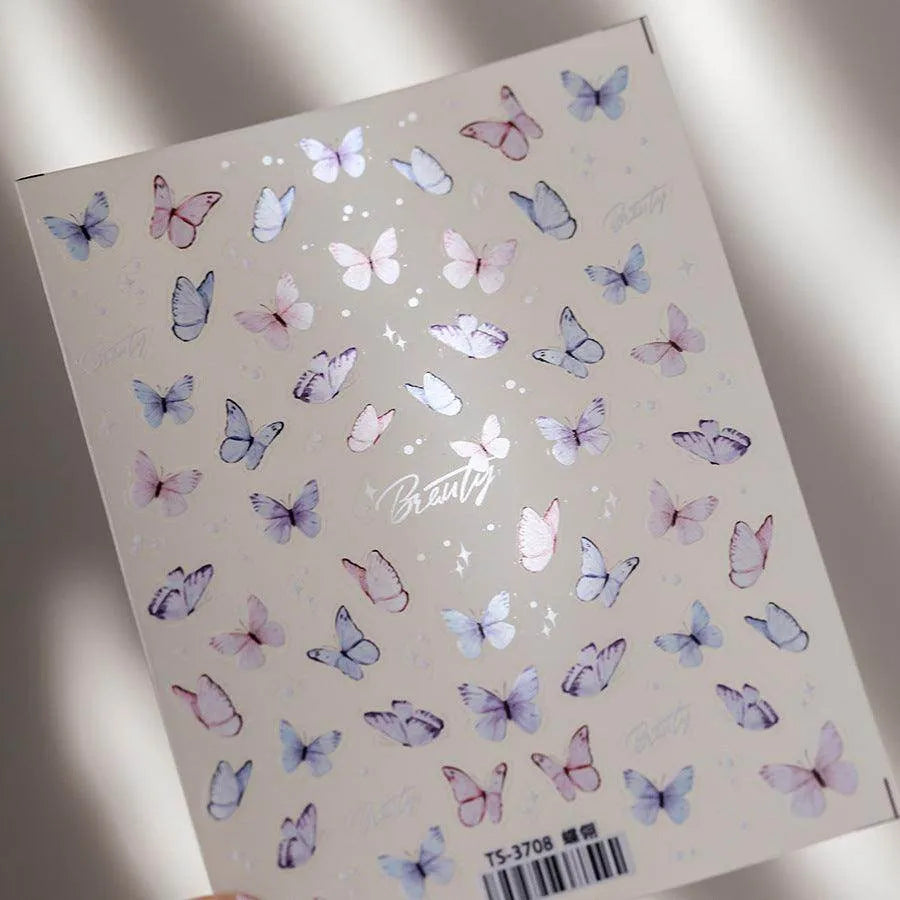 Lined Butterfly Nail Art Stickers Pink White Butterfly Wings Embossed Sticker Decals TS3708