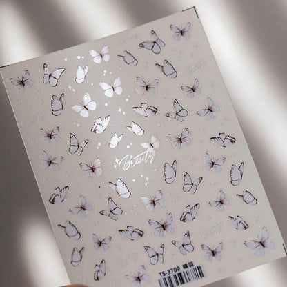 Lined Butterfly Nail Art Stickers Pink White Butterfly Wings Embossed Sticker Decals TS3709