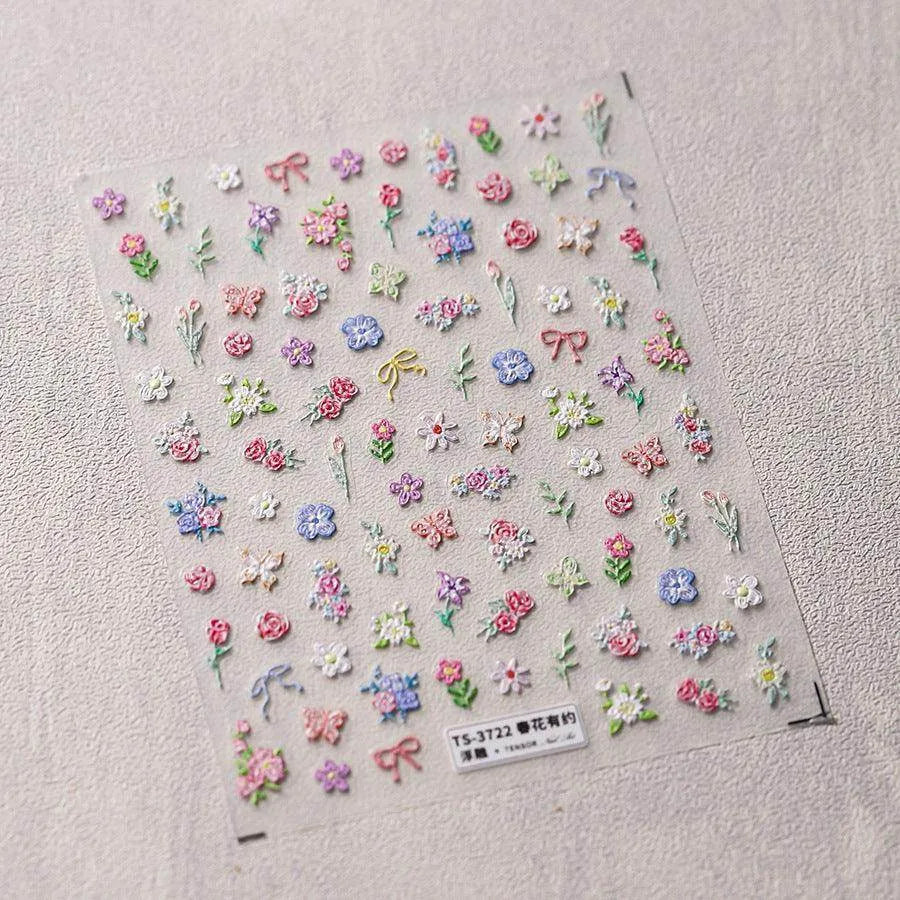 Mini Daisy Flowers Nail Art Stickers Adhesive Embossed Rose Floral Sticker Decals TS3722 embossed