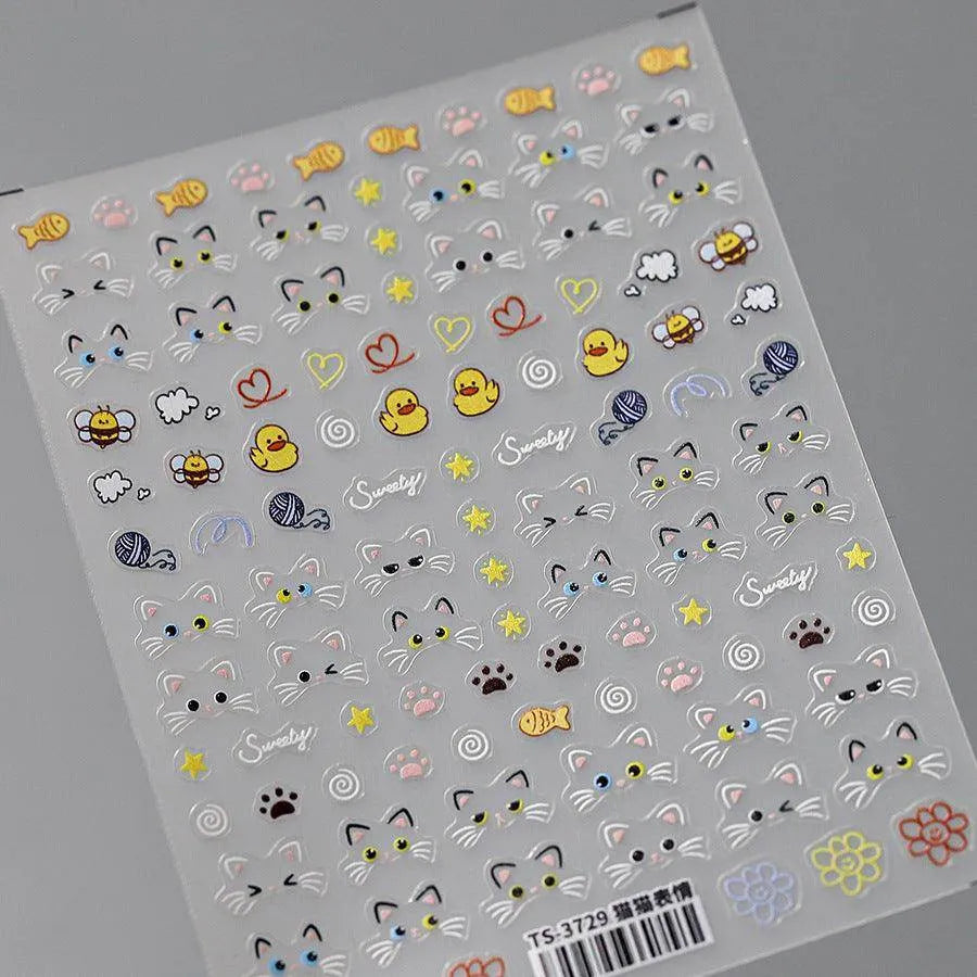 Kitten Nail Art Stickers Cute Cat Adhesive Embossed Sticker Decals TS3729 flat