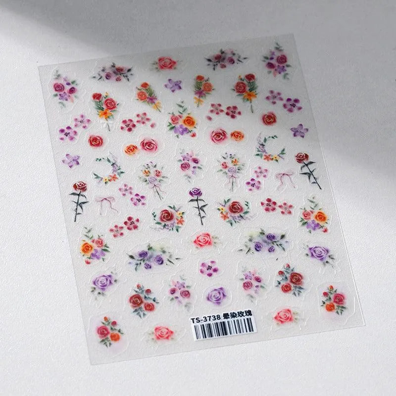 Rose Nail Art Stickers Flowers Adhesive Embossed Sticker Decals TS3738