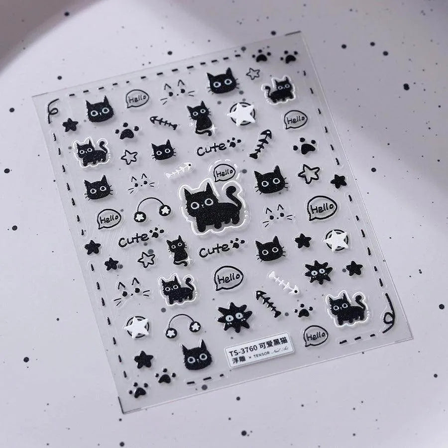 Cute Black Cat Nail Art Stickers - DIY Kawaii Kitten Paw Decals for Trendy Nails TS3760
