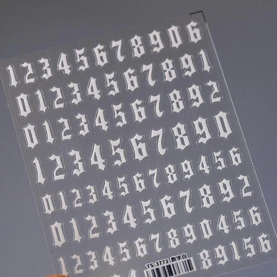 Gold Silver Numbers Nail Art Stickers Adhesive Embossed Gothic Numbers Sticker Decals TS3772 White