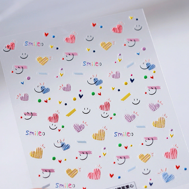 Cute Smile Face & Scribble Heart Nail Stickers Decals 3800