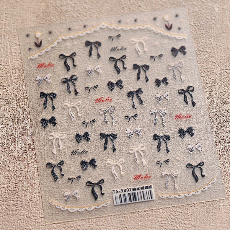 3D Bow Nail Stickers | Cute Pink & Black Balletcore Decals 3807