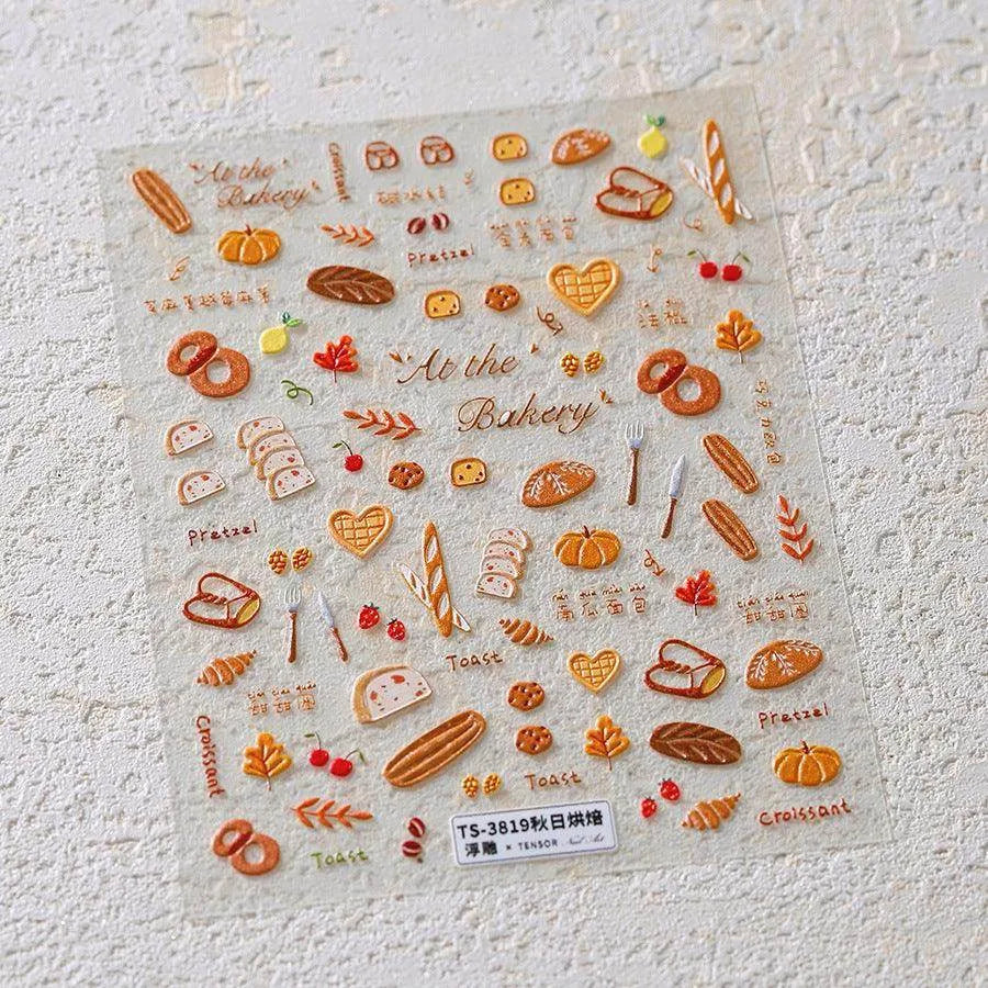 Autumn Nail Art Stickers Pumpkin Bread Adhesive Embossed Sticker Decals TS3819